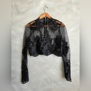 Windsor Black Lace Long Sleeve Crop Top Sz S Floral Embroidered Sheer Whimsygoth